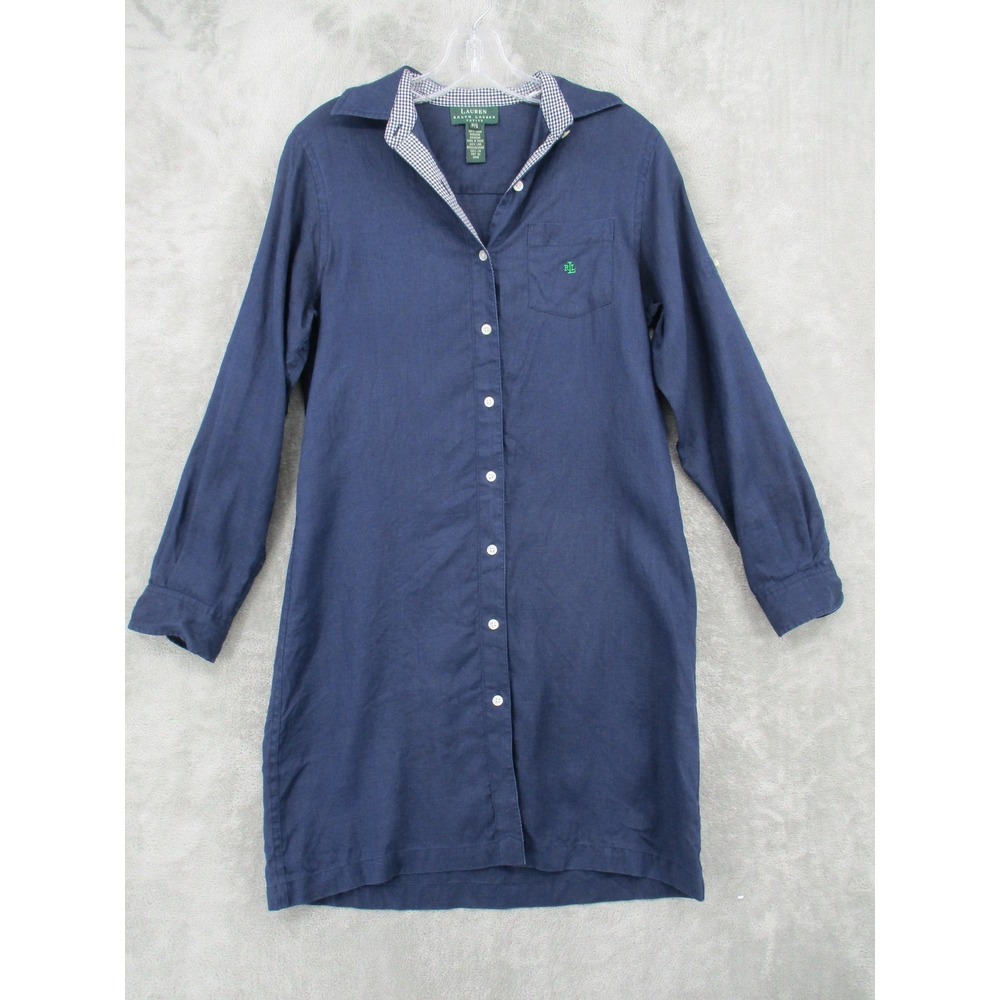 Ralph Lauren LRL Shirt Dress Womens Small Petite Linen Button Front Logo Navy